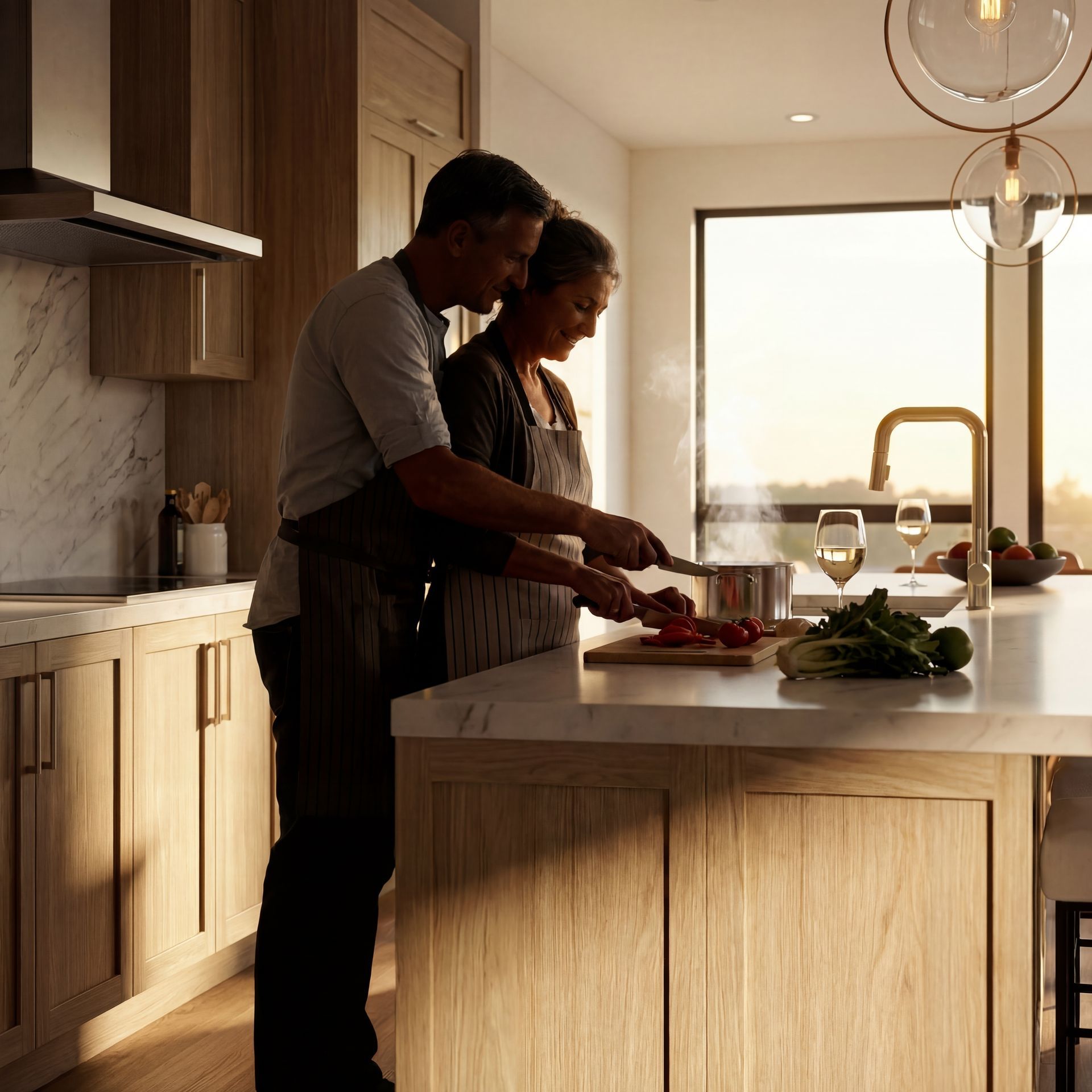 Two people cooking together in a sunlit kitchen with a large island and window.