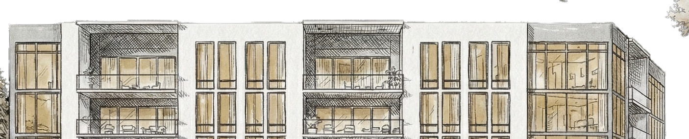 Modern multi-story building façade with large glass windows and balconies, shown in a sketch-like architectural rendering