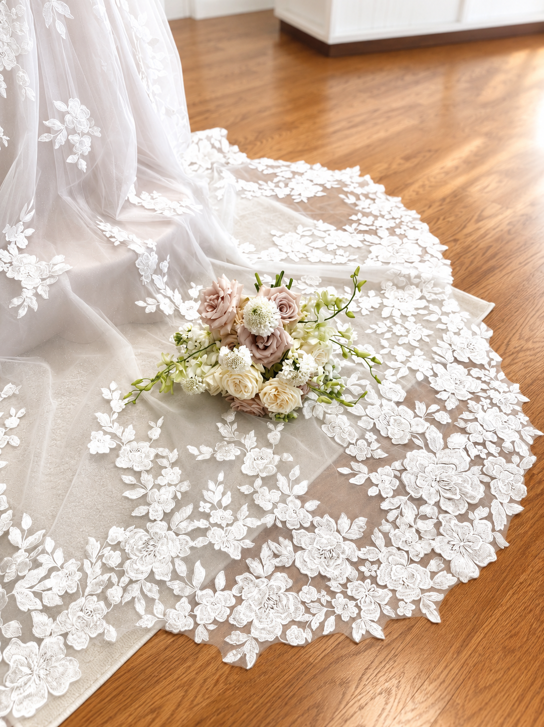 Green high-heeled shoes with bow detail sit under a white lace veil on a wooden surface.