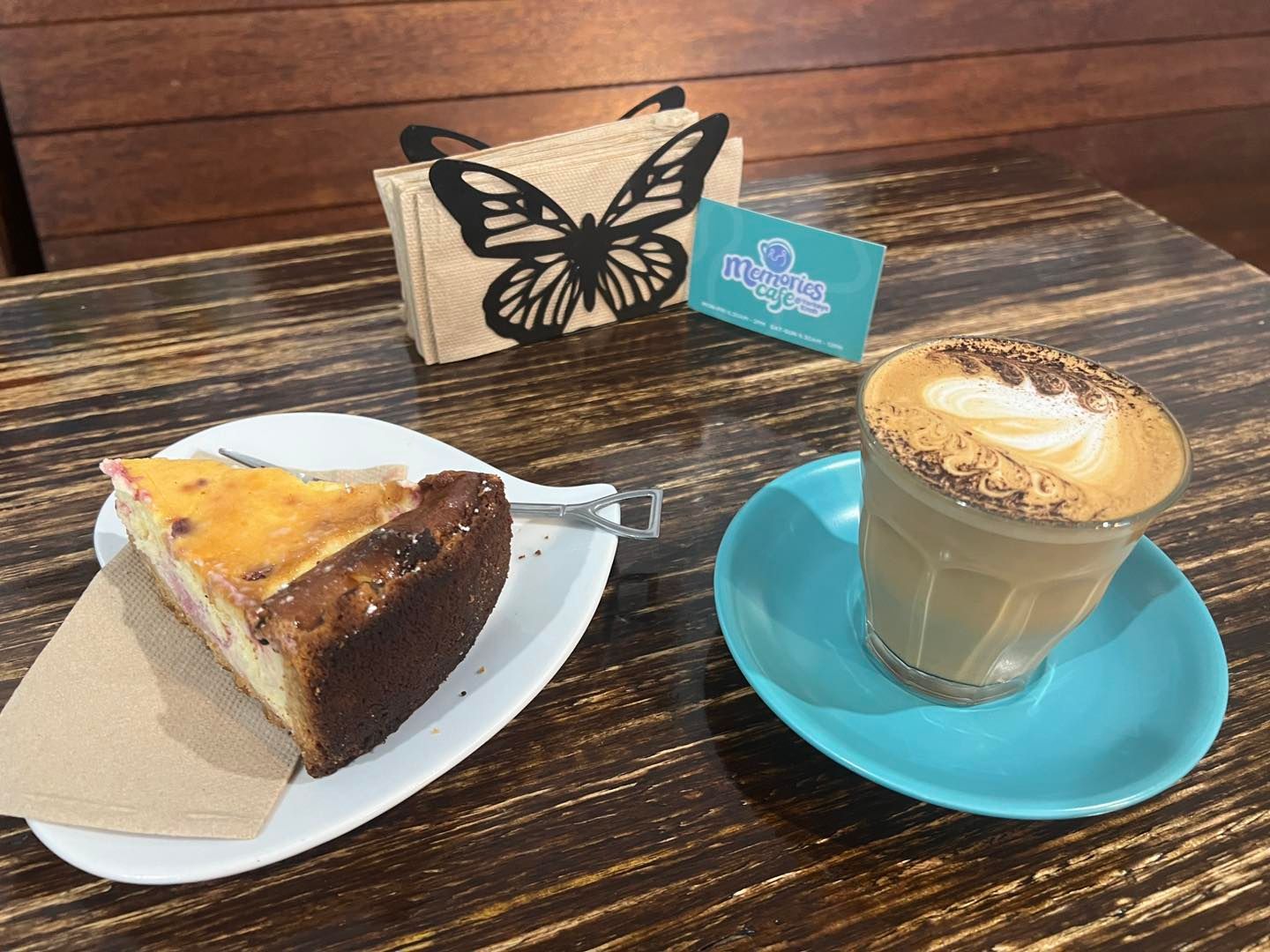 Slice of Quiche, Latte, Butterfly Napkin Holder — Memories Cafe @ Yorkeys Knob in Yorkeys Knob, QLD