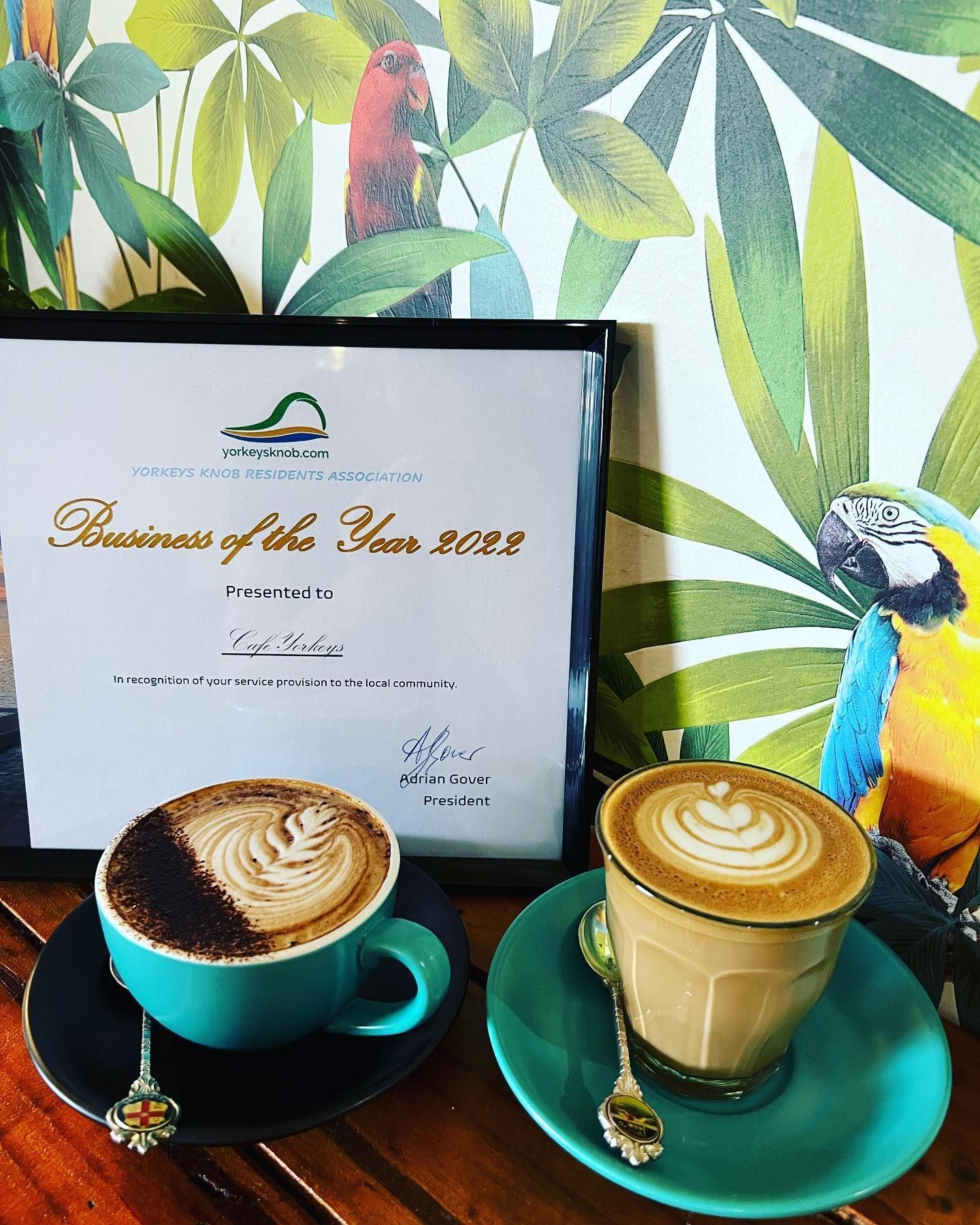 Two Coffees With Latte Art, Award, Parrot Mural — Memories Cafe @ Yorkeys Knob in Yorkeys Knob, QLD