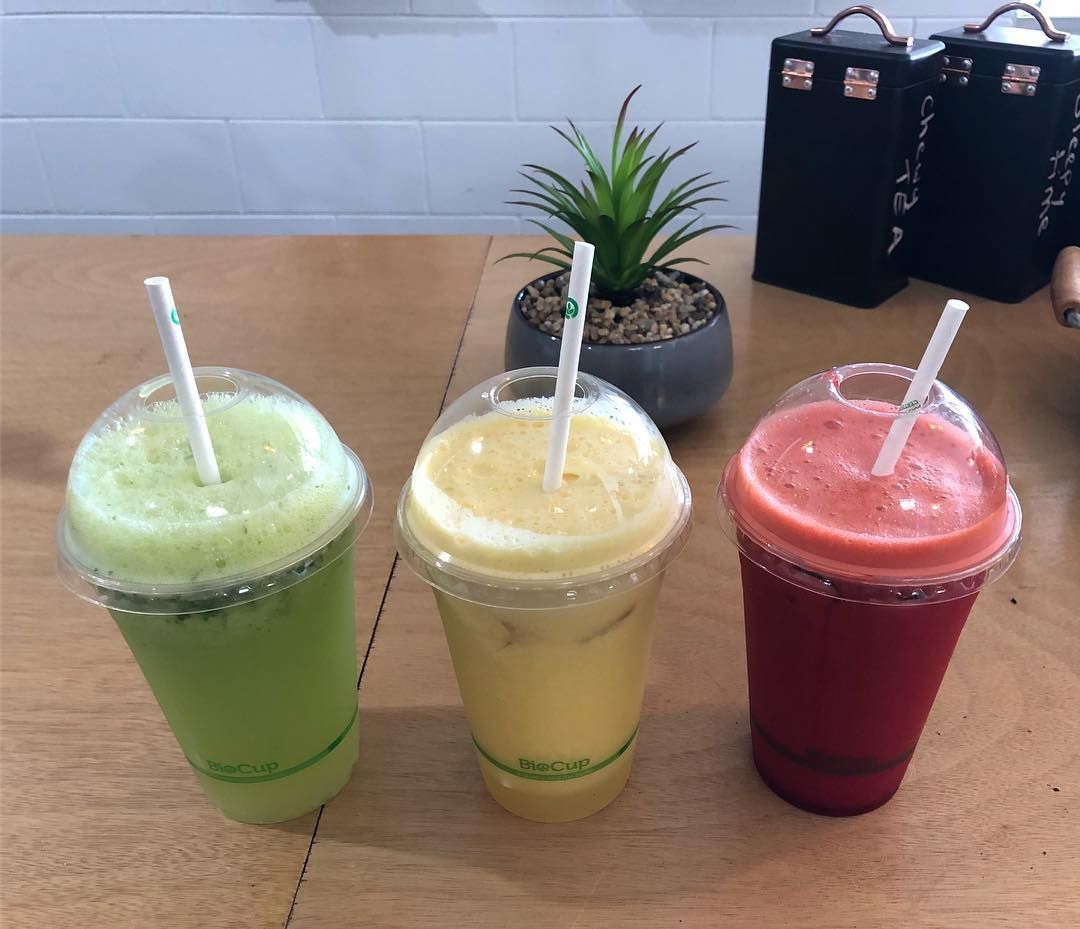 Three Colorful Smoothies in Clear Cups With Straws — Memories Cafe @ Yorkeys Knob in Yorkeys Knob, QLD