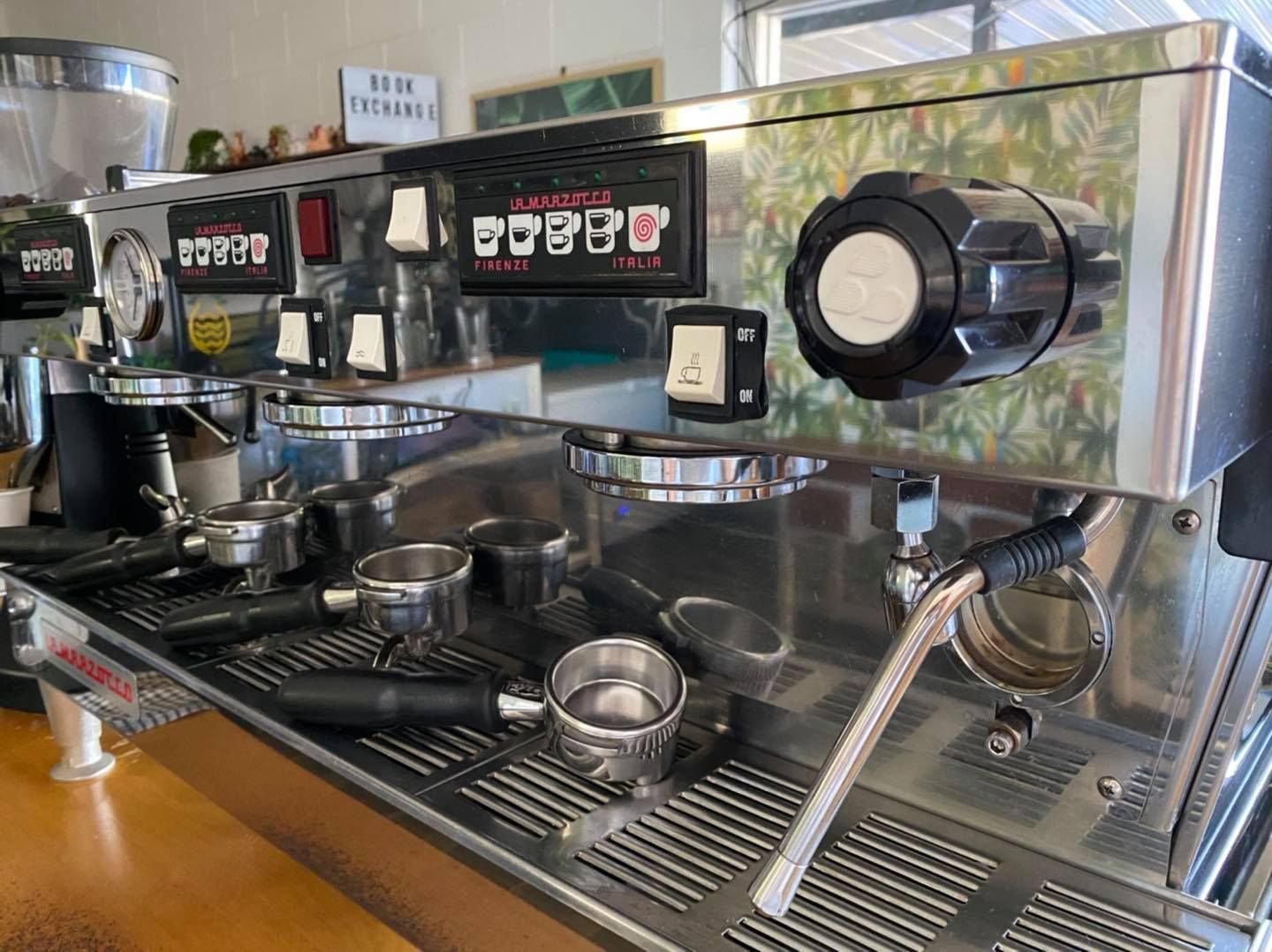 Espresso Machine With Portafilters, Steam Wand, and a Black Dial — Memories Cafe @ Yorkeys Knob in Yorkeys Knob, QLD