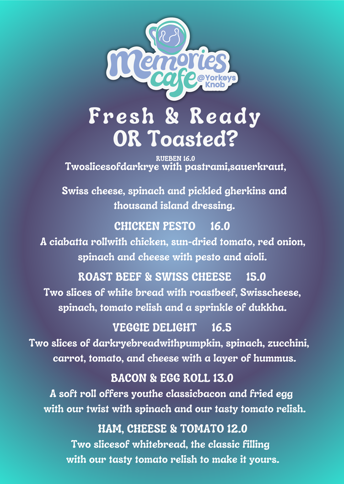 Colorful menu poster for Merendez’s Cafe featuring fresh and toasted sandwich options.