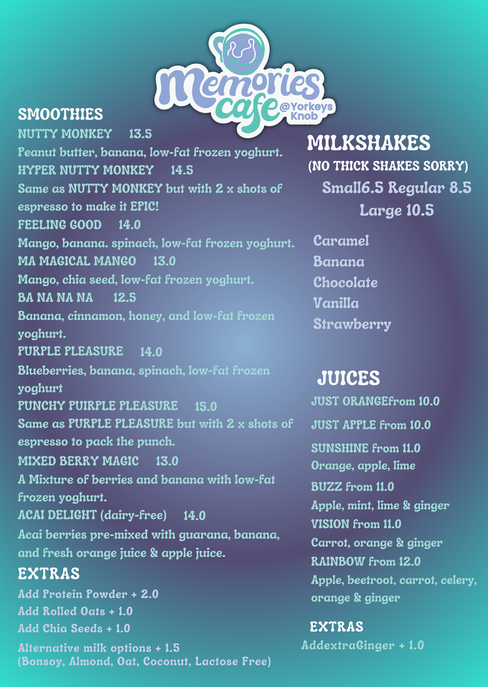 Cafe menu on a teal-to-blue gradient background, listing coffees, milkshakes, juices, and extras