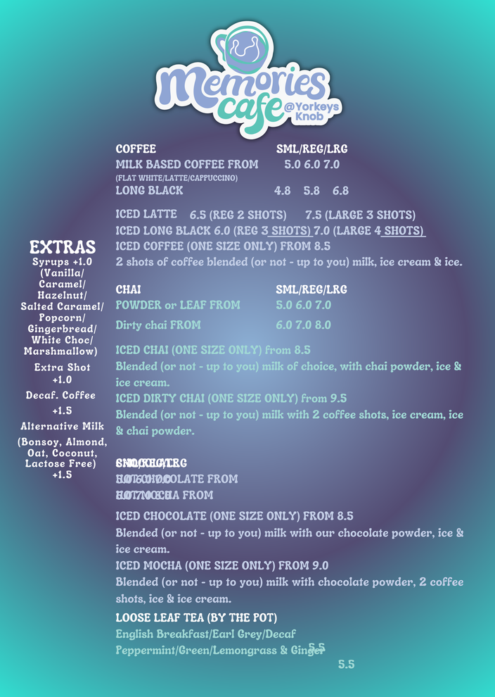 Memories Cafe menu on a teal background with logo and sections for coffee, extra treats, and savory items