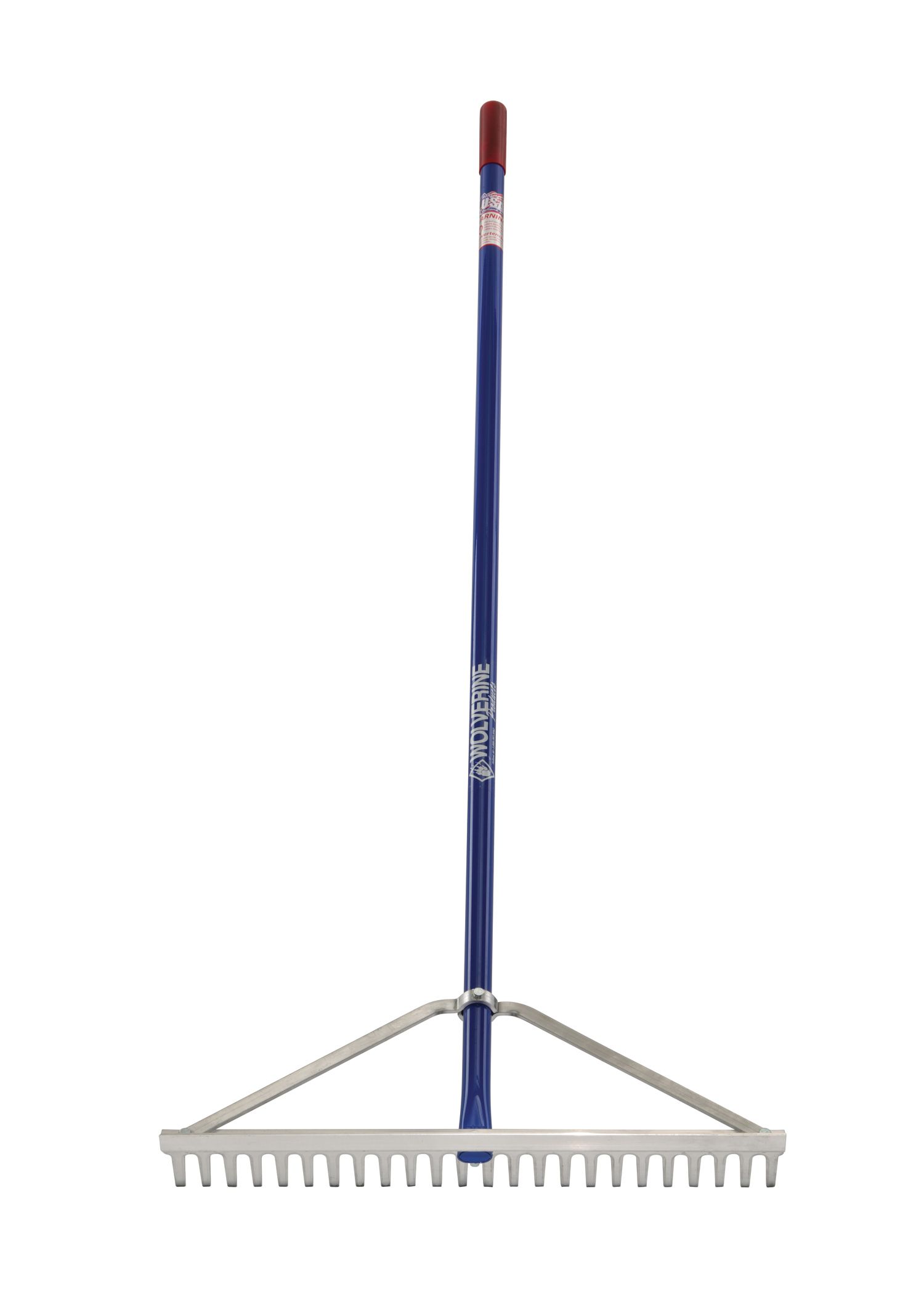 Blue handled lawn rake with gray tines.