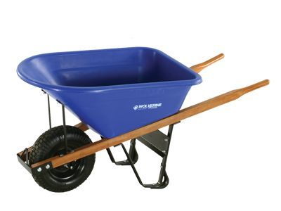 Blue wheelbarrow with wooden handles and black tire.