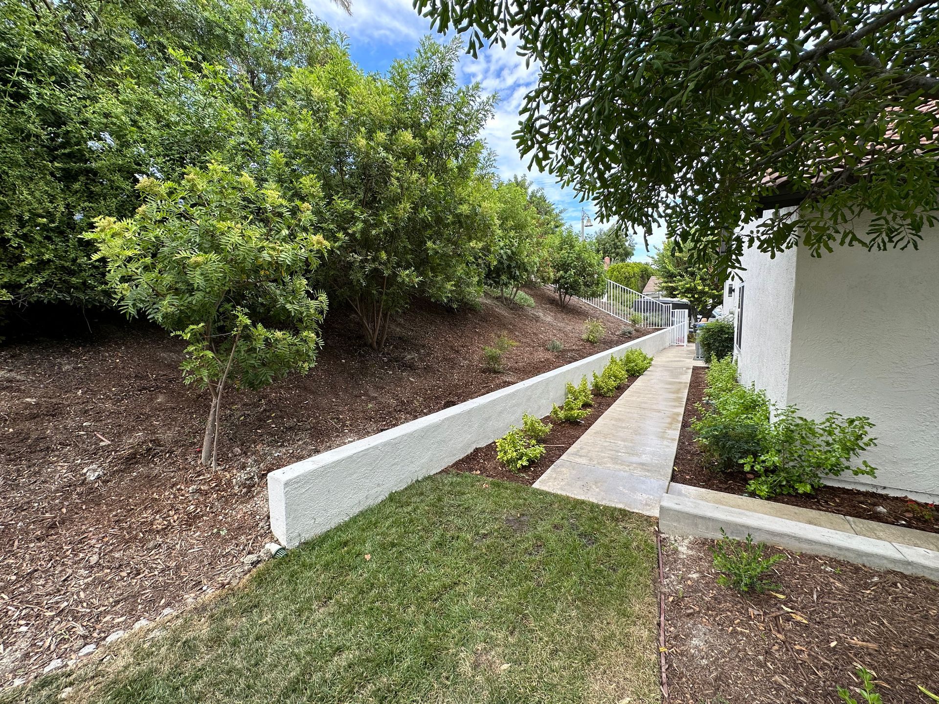 A walkway leading to a white building with trees in the background.