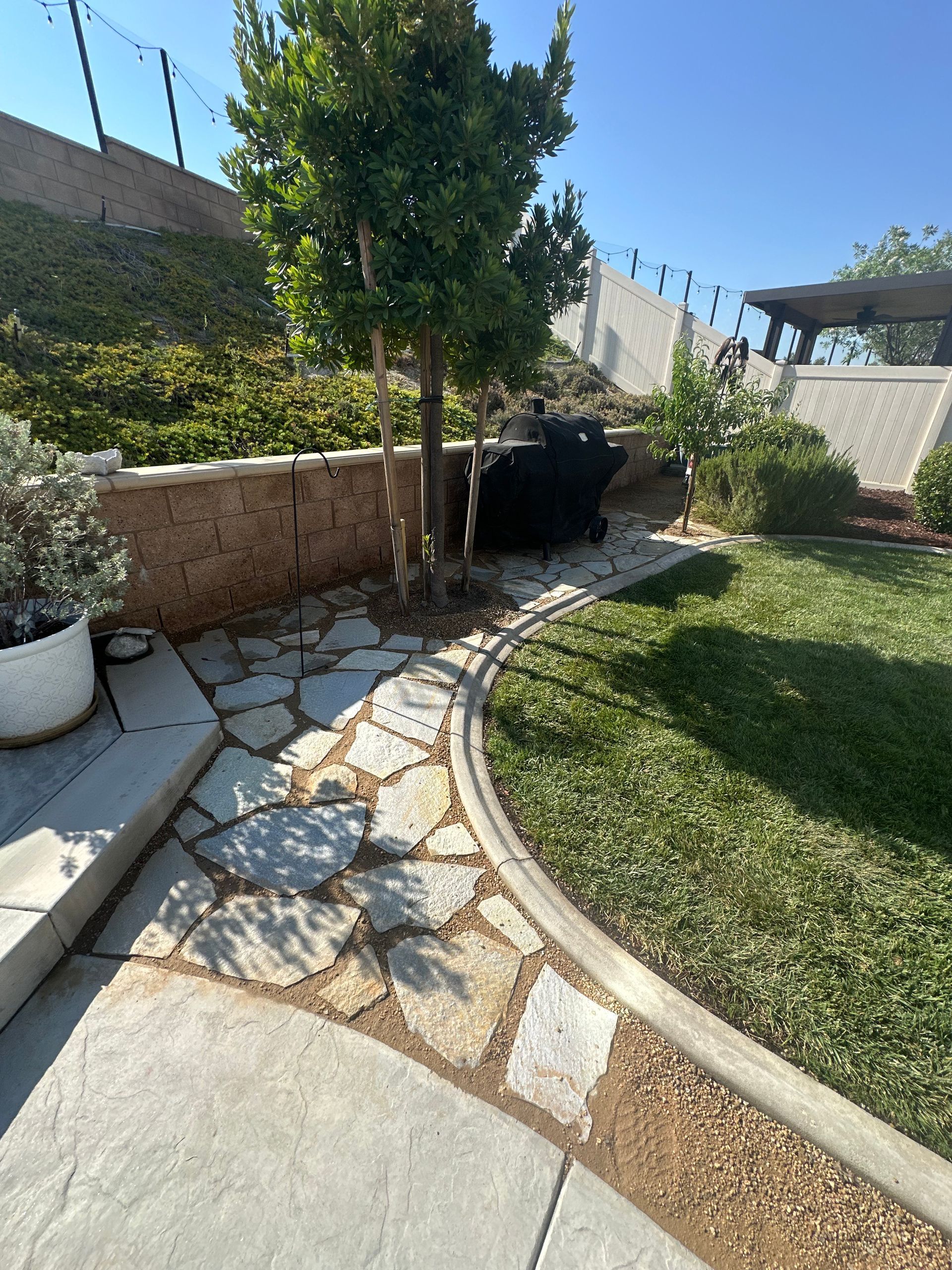 A stone walkway leading to a barbecue grill in a backyard.