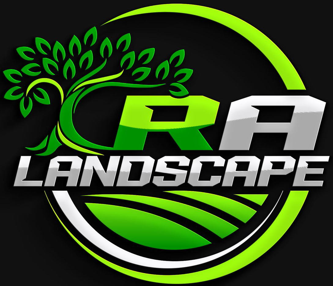 A logo for a landscape company with a tree in the middle.