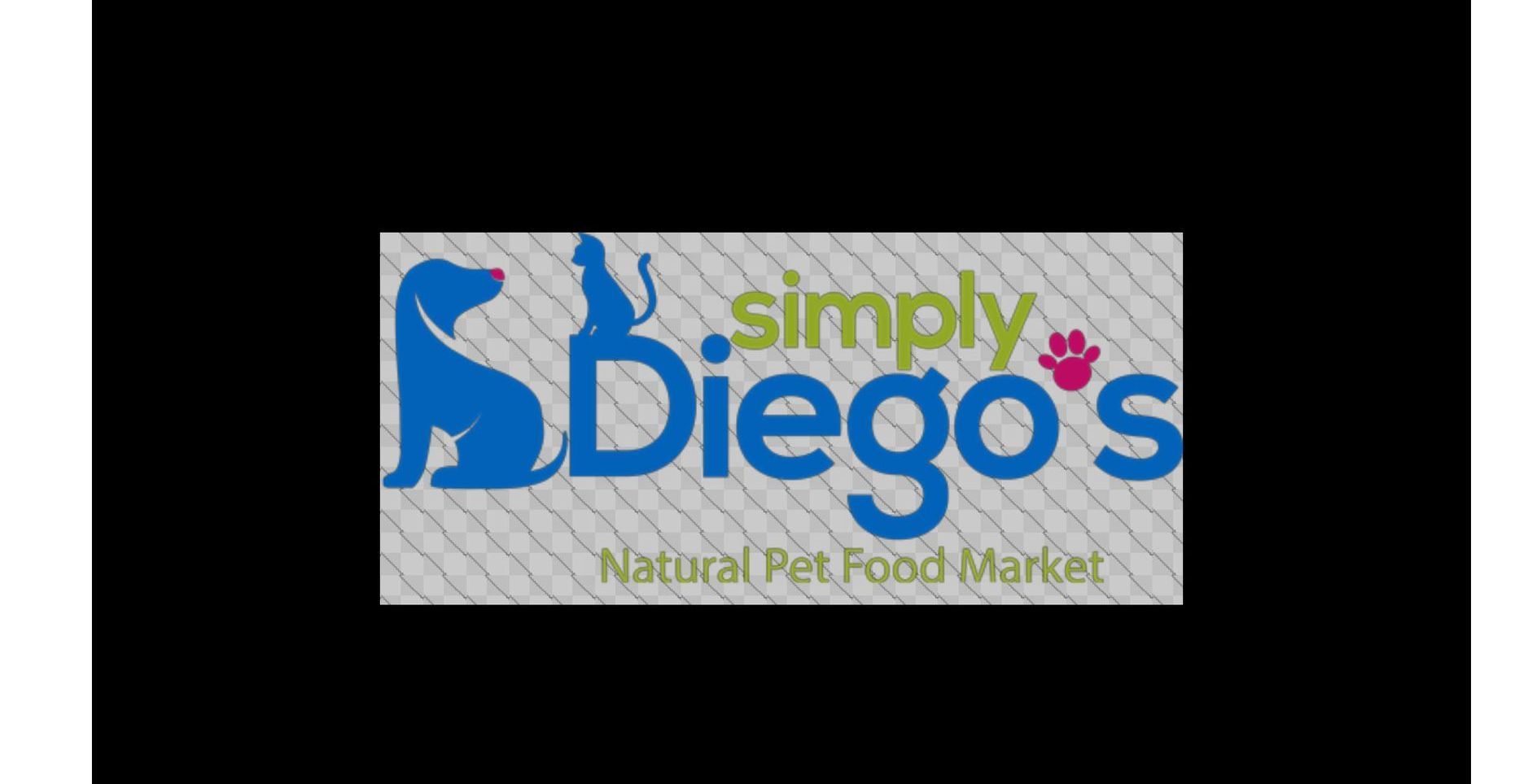Simply Diego's logo with blue dog silhouette and blue text on a white background