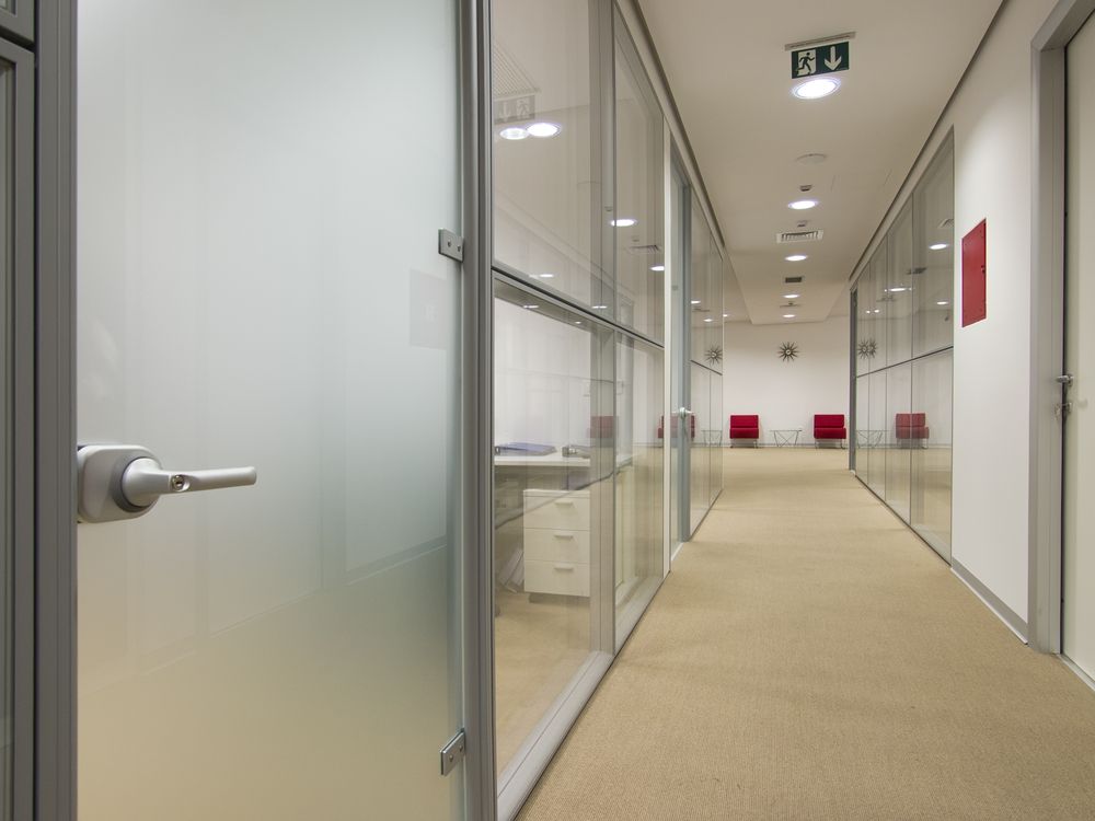 Hallway With Glass-walled Offices. a Frosted Glass Door on the Left — Sams Glass Solutions in Bowen, QLD
