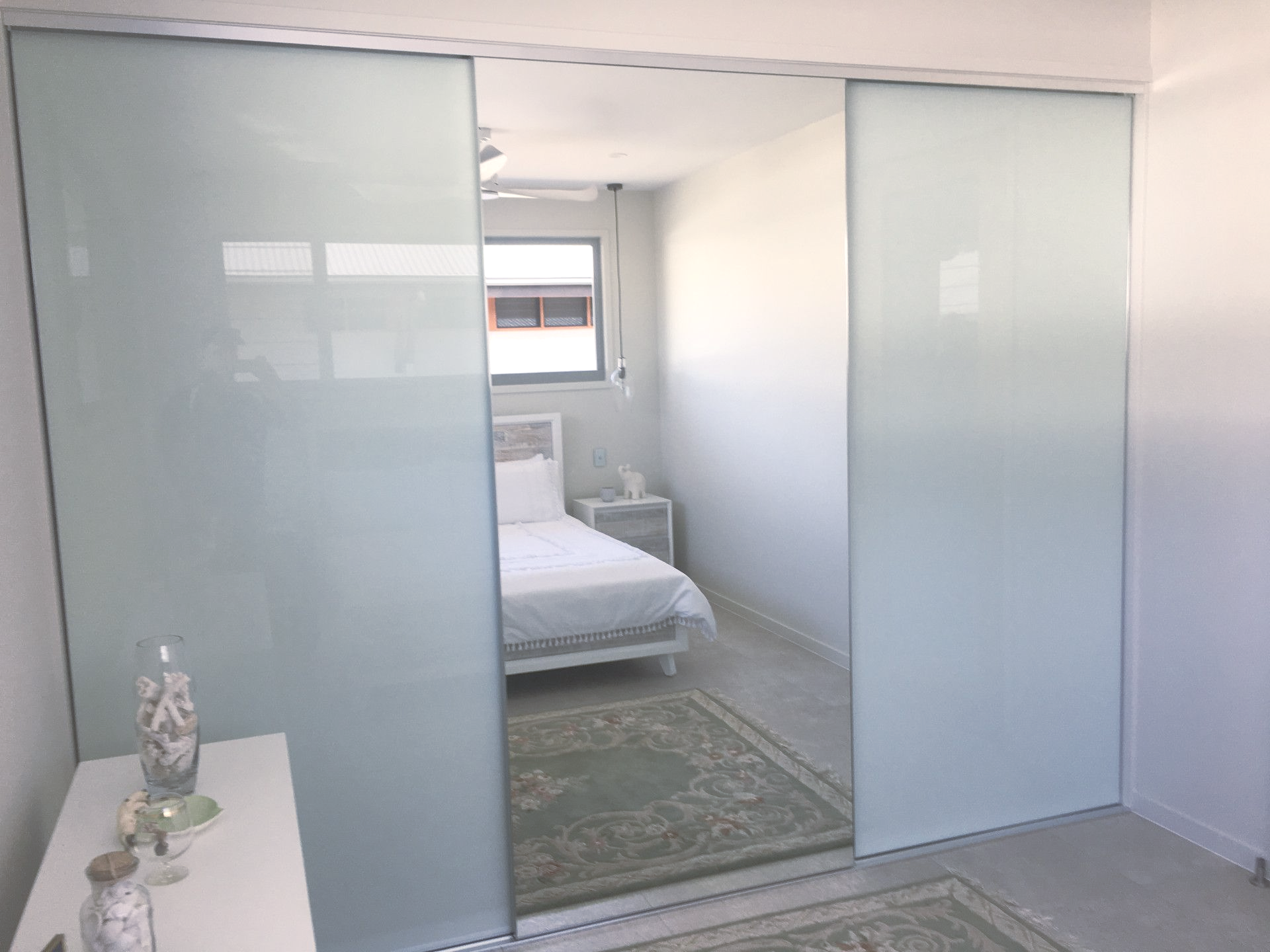 Beige Kitchen Cabinets With Microwave, Cooktop — Sams Glass Solutions in Proserpine, QLD