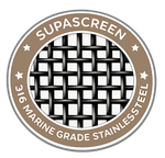 Supascreen logo badge for 316 marine grade stainless steel weave.