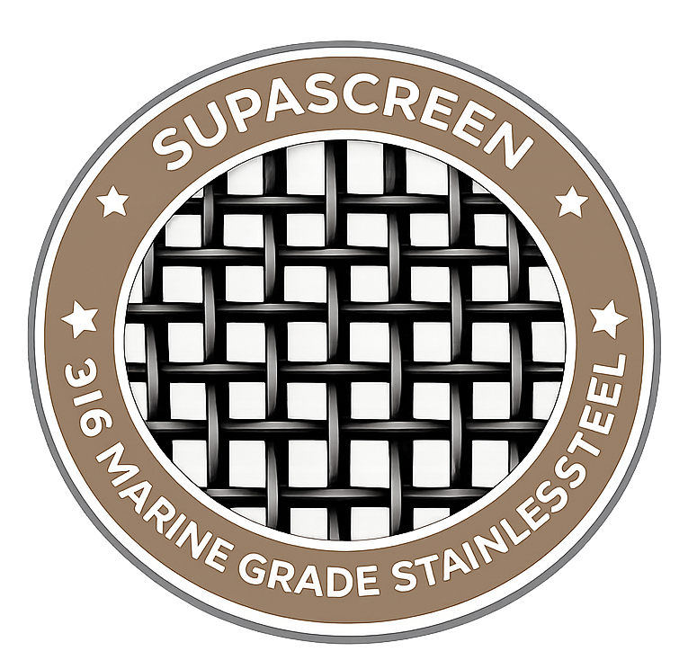 Supascreen logo badge for 316 marine grade stainless steel weave.