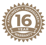 Brown and white 16-year warranty badge with starburst border and ribbon