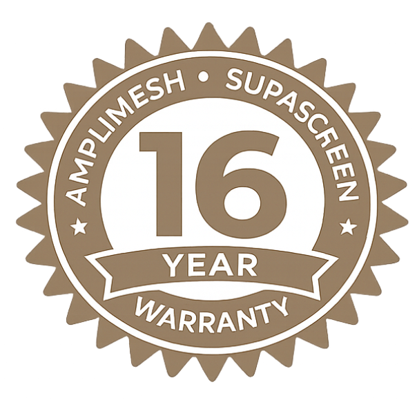 Brown and white 16-year warranty badge with starburst border and ribbon