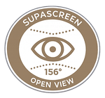 Brown and white Supascreen badge with eye icon and “156° Open View” text