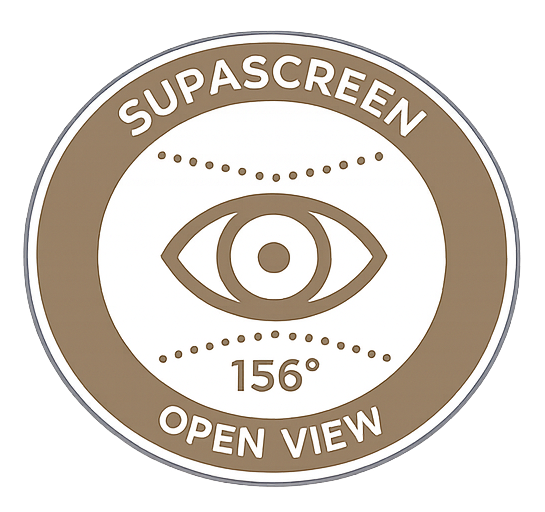 Brown and white Supascreen badge with eye icon and “156° Open View” text
