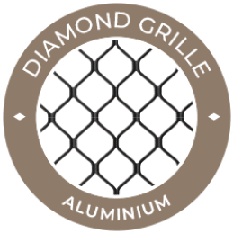 Diamond Grille Aluminium logo with a brown circular border and white mesh pattern inside