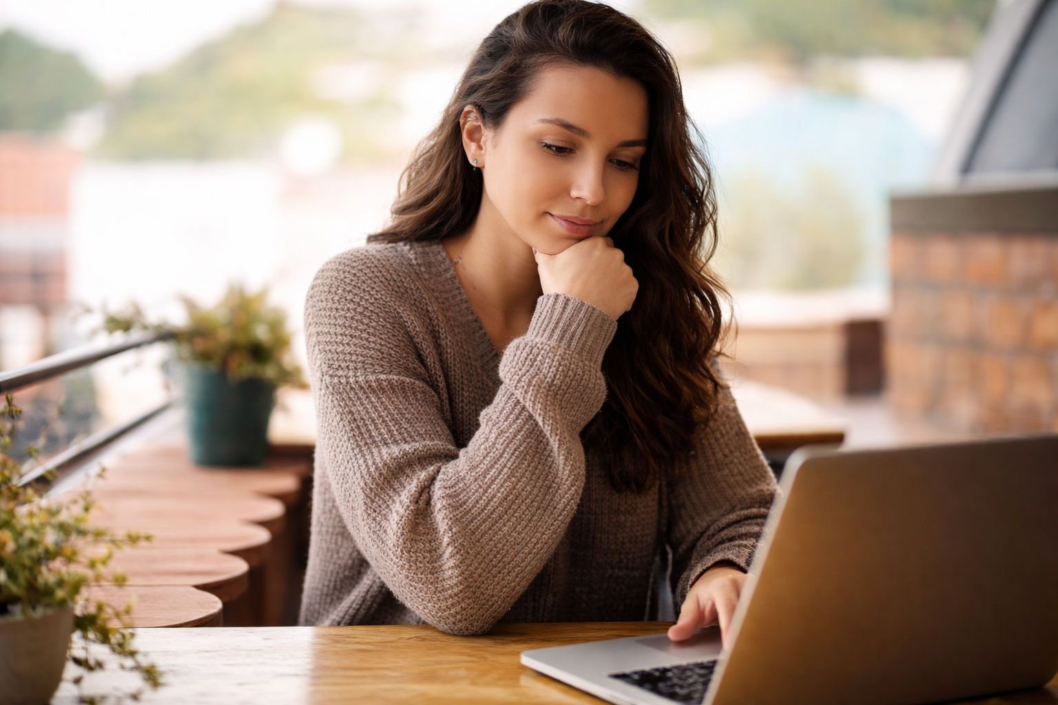 A person with long, dark hair wearing a brown sweater works on a laptop while resting their chin on their hand at a table.