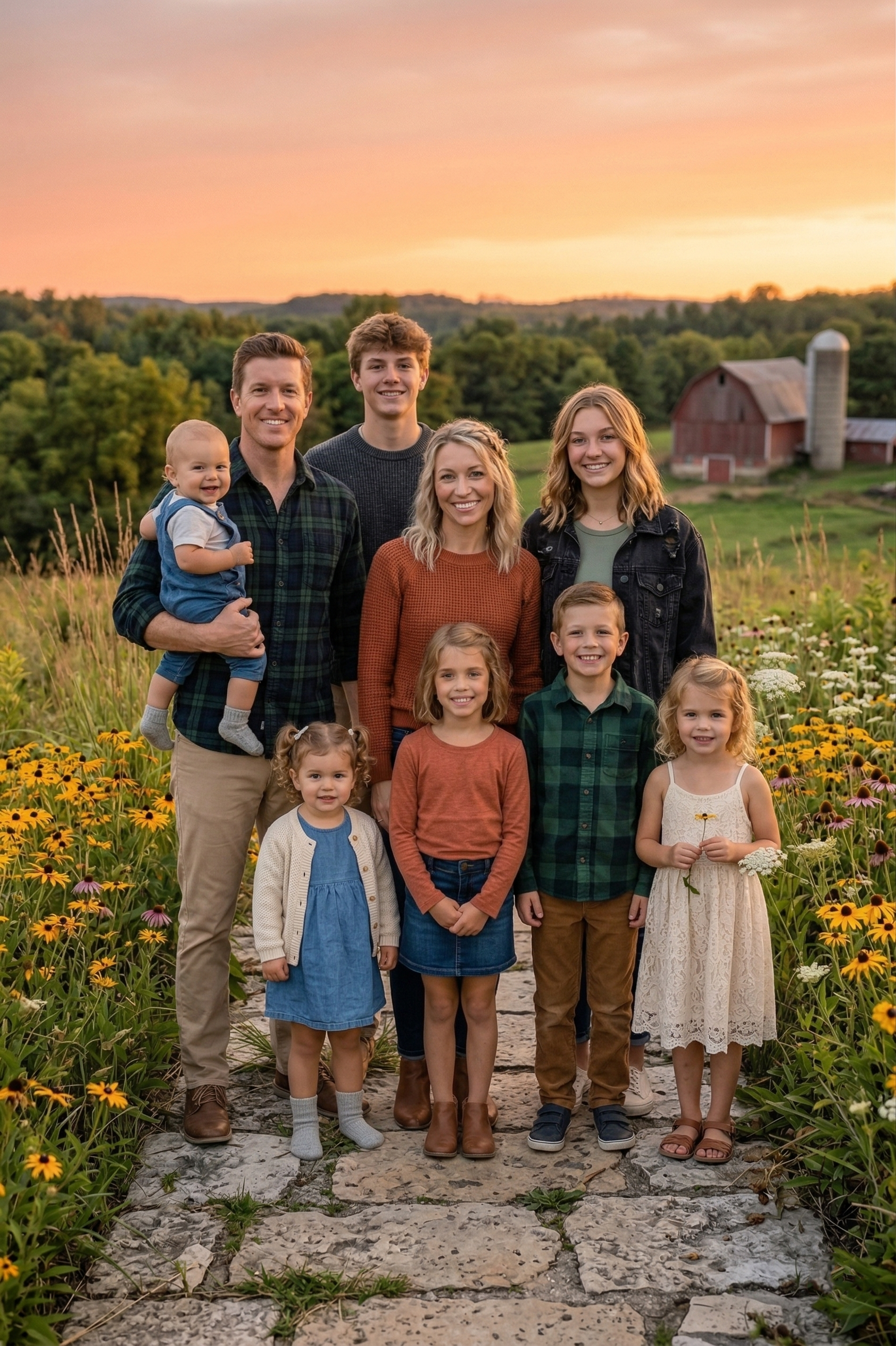 Family posing outdoors on a stone path in a field of yellow flowers during sunset, with a barn in the background.