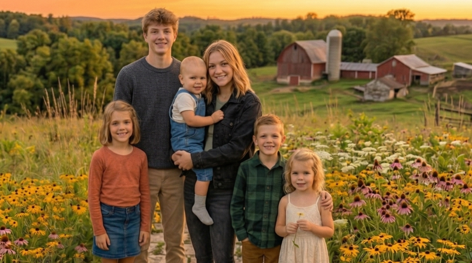 A family poses for a portrait in a golden-hour field of flowers in front of a red barn and silo.