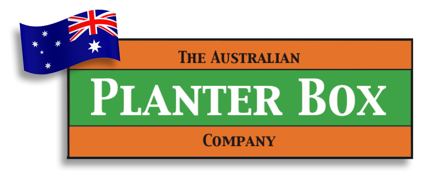 Logo for The Australian Planter Box Company with green and orange sign and a small Australian flag