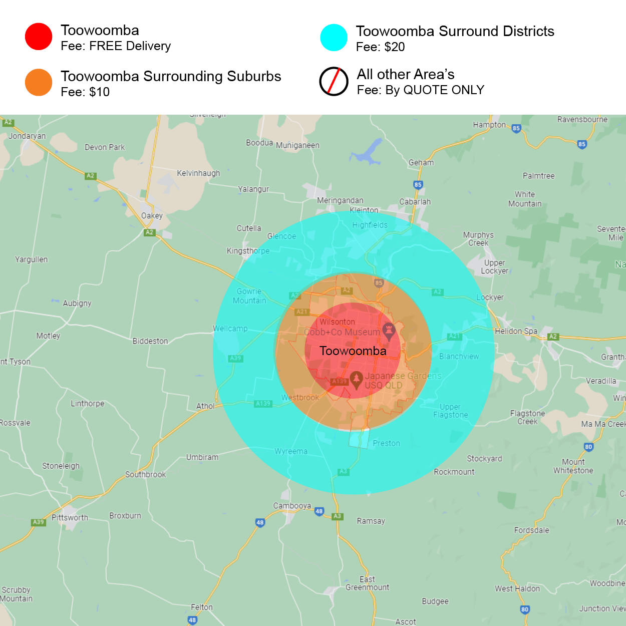 Map with concentric red, orange, and cyan circles marking a central point and surrounding districts.