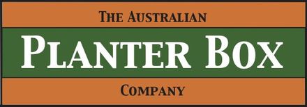 Logo for The Australian Planter Box Company in green, orange, and white text on a striped background