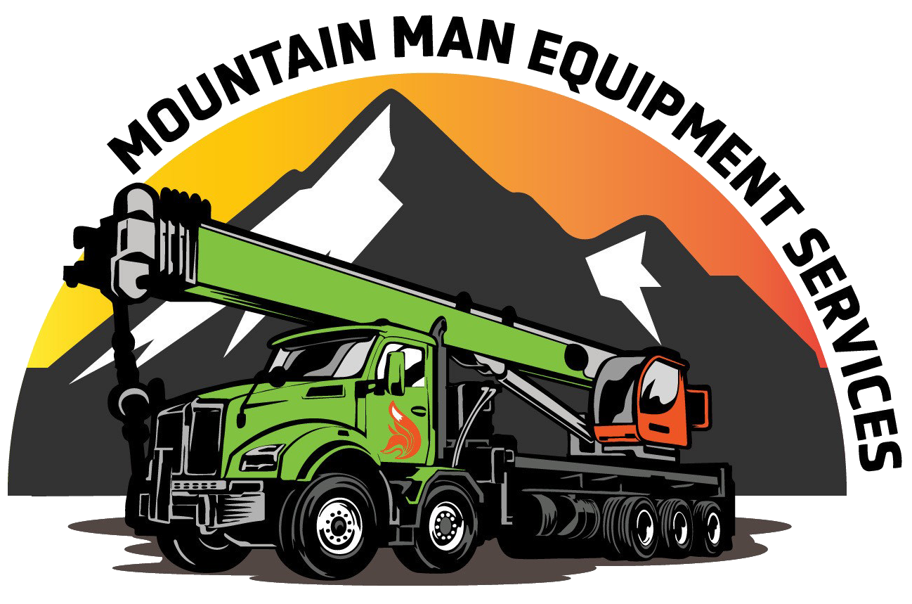 Green crane truck with boom in front of a mountain, orange sunset background. "Mountain Man Equipment Services" text.
