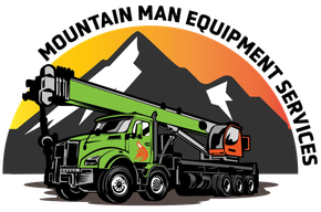 Green crane truck with boom in front of a mountain, orange sunset background. "Mountain Man Equipment Services" text.