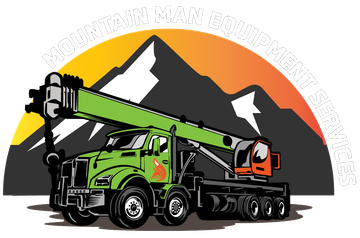 Green crane truck in front of a mountain scene, with text 