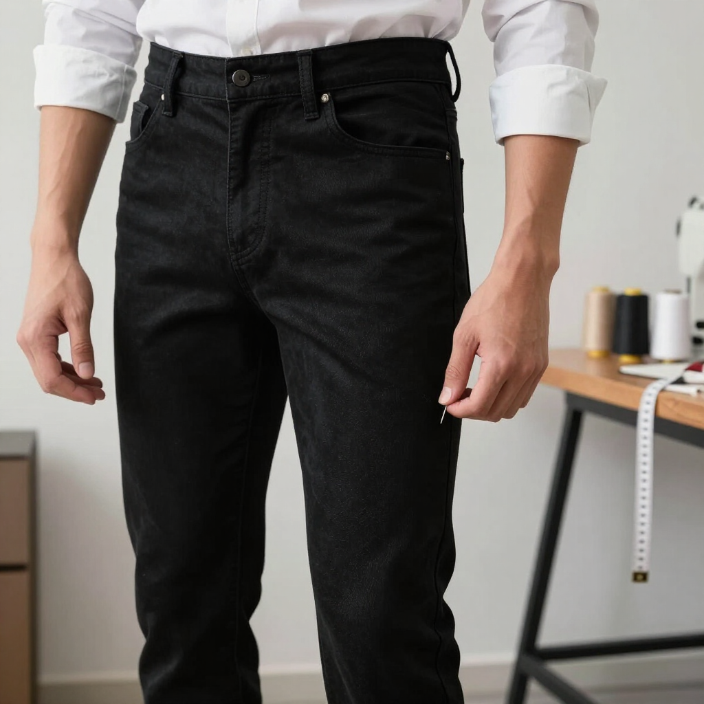 Kleermaker meet de lengte van een pantalon op om de broek korter te maken