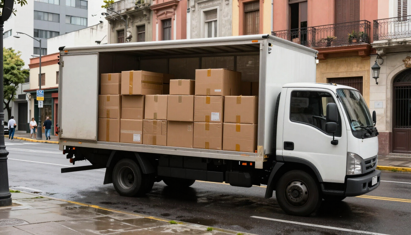 Camión blanco cargado de cajas de cartón estacionado en una calle mojada de la ciudad frente a edificios.