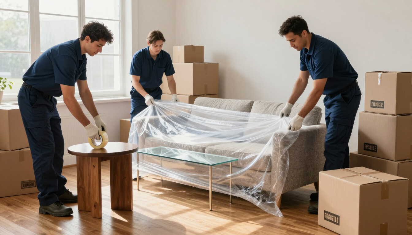 Mudanceros envuelven un sofá en plástico en una habitación con cajas de cartón apiladas.