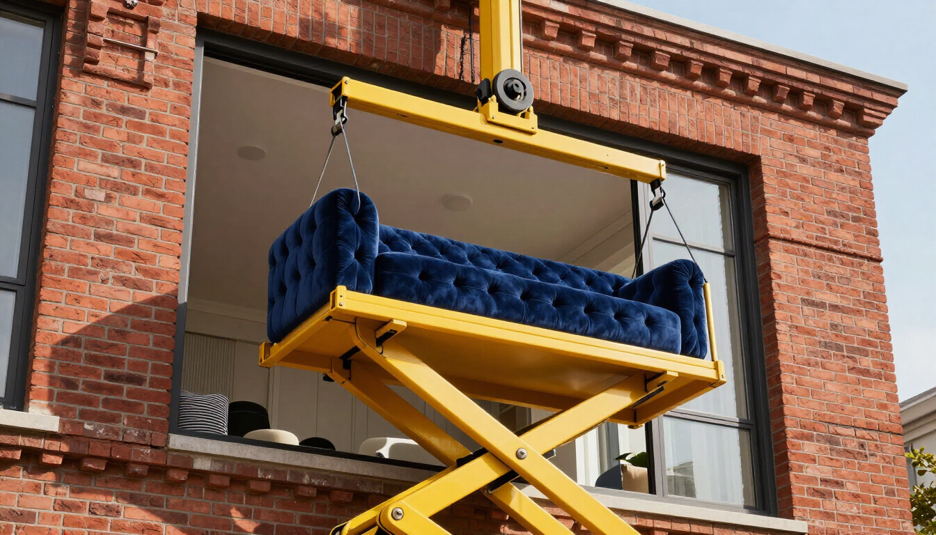 Un sofá azul fue izado por una grúa amarilla a través de la ventana de un edificio de ladrillos.