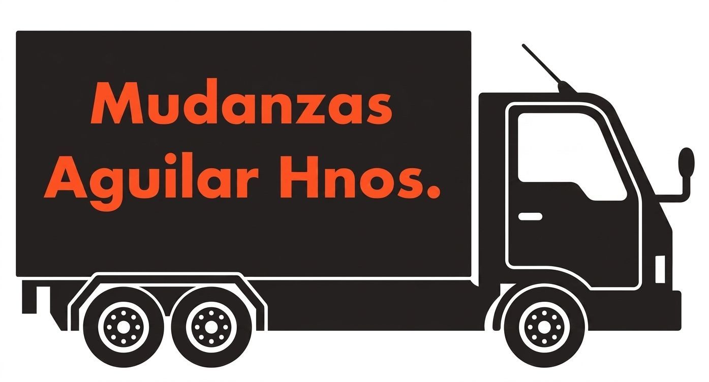 Logotipo de camión de mudanzas negro con texto naranja “Mudanzas Aguilar Hnos.”