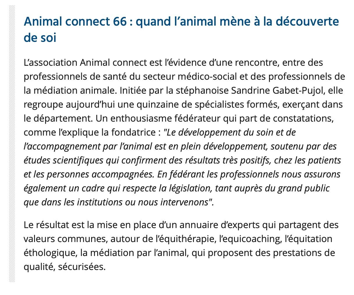 Texte sur « Animal connect 66 » et la thérapie assistée par les animaux.