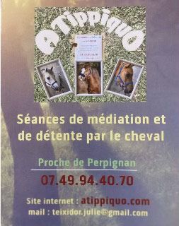 Publicité pour « Tippiquo », centre de méditation et de relaxation à cheval près de Perpignan, avec coordonnées et site web.