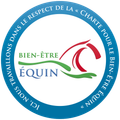 Logo promouvant le bien-être équin, représentant une tête de cheval, un cercle bleu et un texte en français.