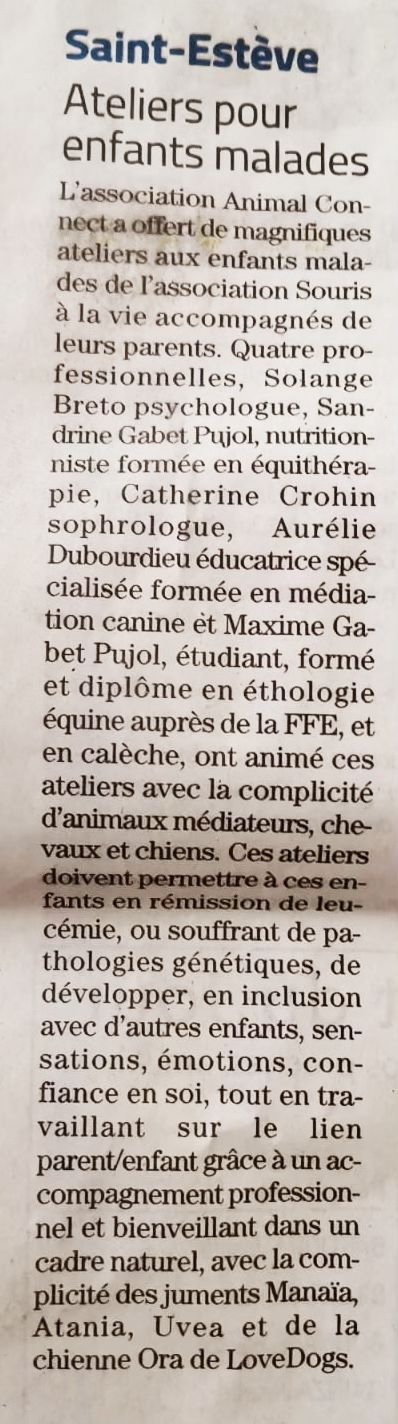 Texte du journal « Saint-Estève » évoquant des ateliers pour enfants malades.