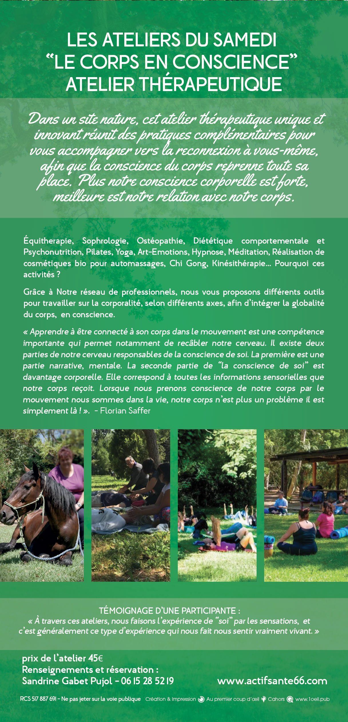 Dépliant : Ateliers de travail corporel et de fluidité thérapeutique, avec photos de participants en extérieur. Tons verts.
