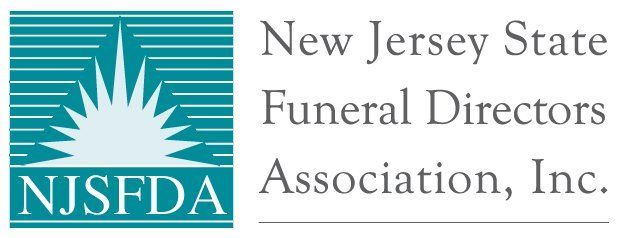 Logo for the New Jersey State Funeral Directors Association, Inc., featuring a teal square with a sunburst icon.