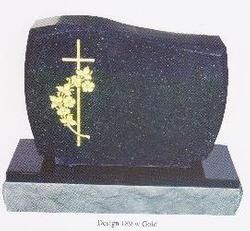 A dark granite tombstone with a gold-colored cross and floral design, resting on a stone base, labeled Design 189 w Gold.