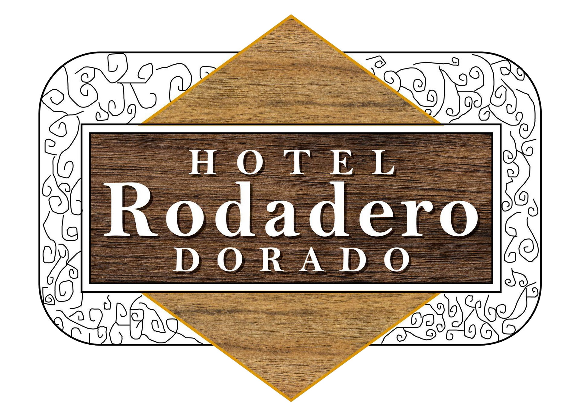 Logotipo del Hotel Rodadero Dorado con un diamante con textura de madera sobre un marco decorativo blanco.