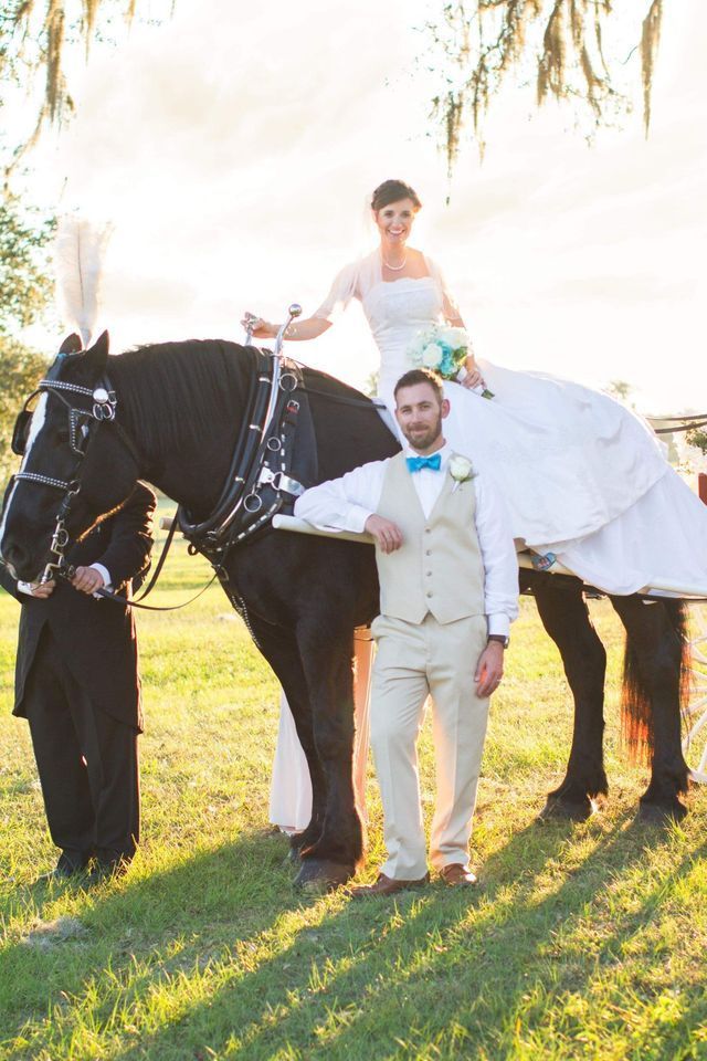 A bride and groom are standing next to a black horse.