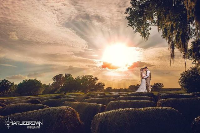 A bride and groom are standing in a field of hay bales at sunset.