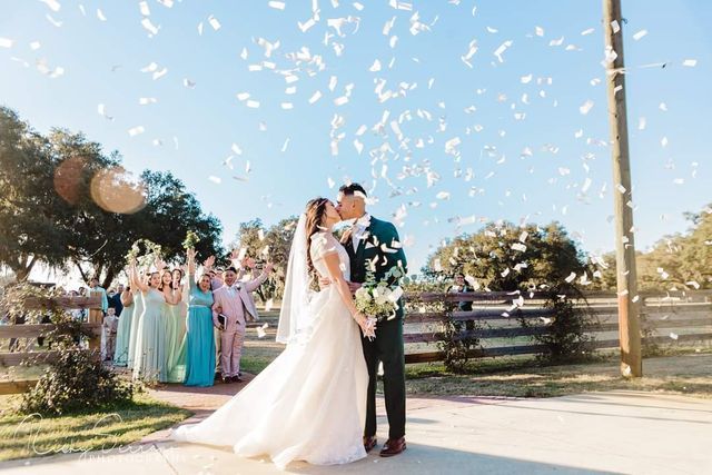 A bride and groom kissing in front of their wedding party while confetti is being thrown in the air.